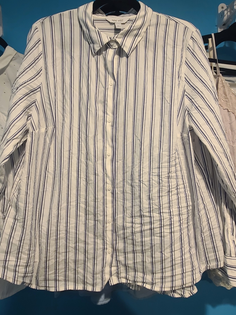 Nine West Women's White Button-Up Shirt with Navy Stripe